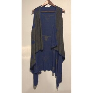 Eric Casual Vest Open Front Duster Sleeveless Knit Blue Bull‎ Print Boho